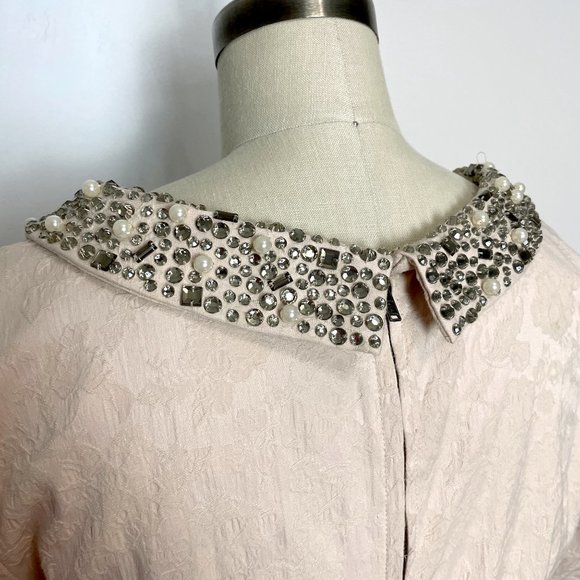 Darling jeweled collar dress tan damask retro style pockets - size large - Picture 8 of 11